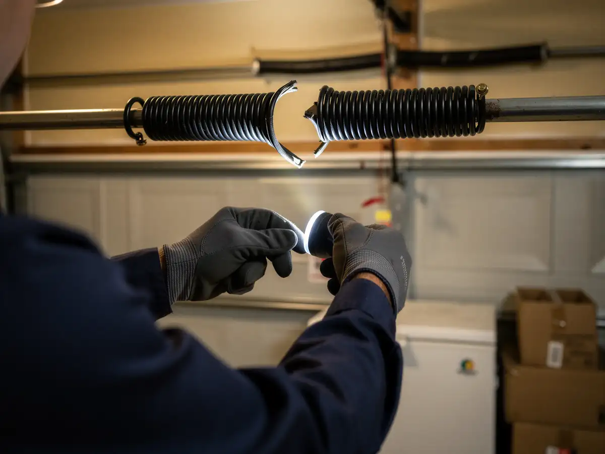 A technician shines a flashlight on a broken garage door torsion spring.
