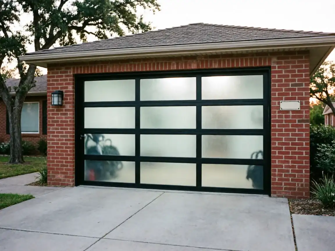 A modern garage door with frosted glass panels on a brick garage.