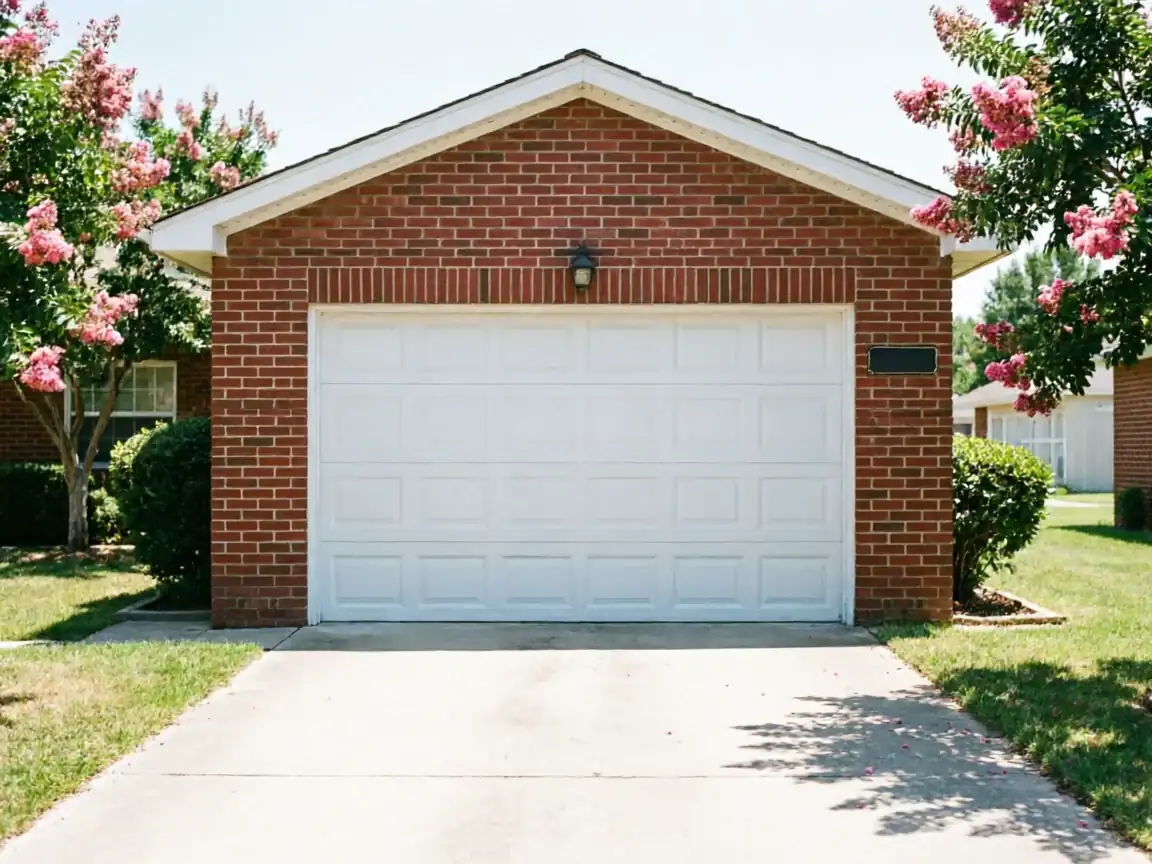 A white panel garage door is on a red brick garage with a concrete driveway.